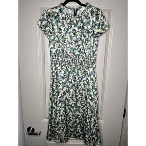 DYVNA Hammered Silk Satin Midi Dress Short Sleeve Green Black Pattern Size 4